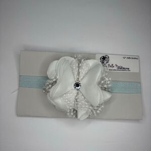 Handmade Elastic Baby Girl Headband Blue Large White Flower Rhinestone 12” NB-3M